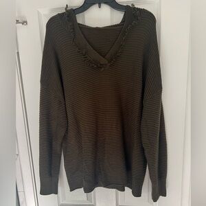 Olive Green V-Neck Knit Sweater with Hood